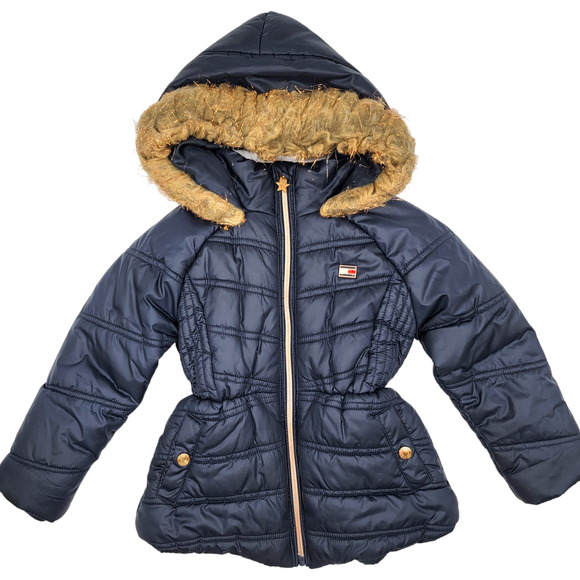Tommy Hilfiger Navy Blue Toddler Gold Fur Trim Hoodie Puffer Coat - 4T